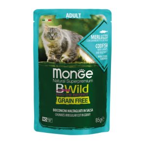 MONGE BWild Cat Adult Grain Free με Μπακαλιάρο & Γαρίδες 85gr