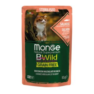 MONGE BWild Cat Sterilised Grain Free με Σολομό & Γαρίδες 85gr